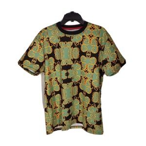 G-NET T Shirt Large Mens Baroque Scroll Green Gold Bold Streetwear Boho Edgy NEW